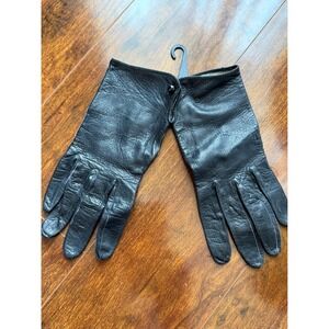 Vintage Black Leather Gloves Women Wrist Length Button Closure Classic Dress